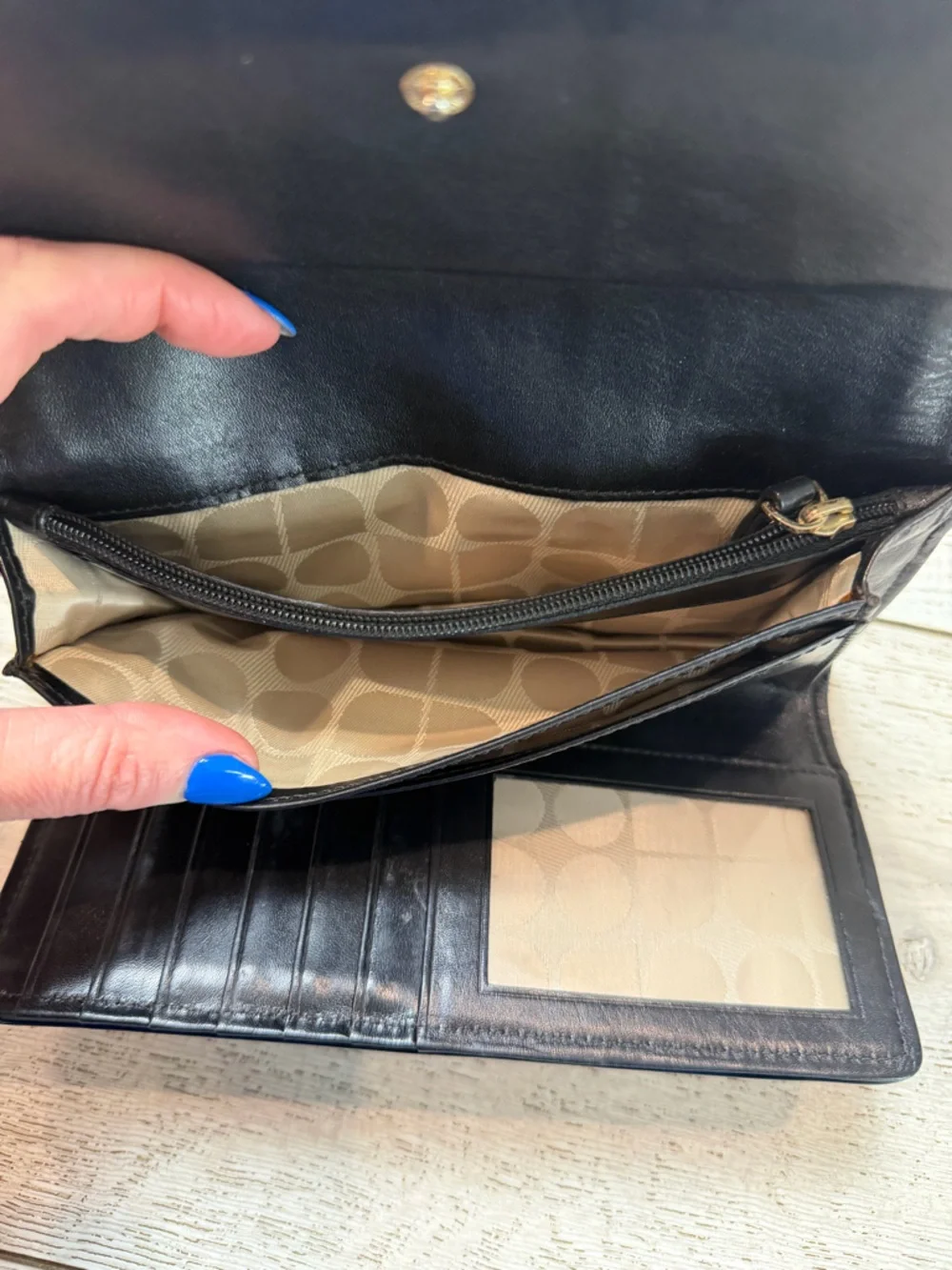 Kate Spade Black Leather Wallet Clutch – Snap Closure, Card Slots, Zip Coin